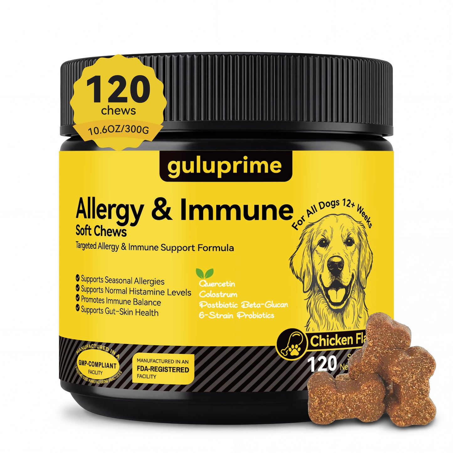 GuluPrime Dog Allergy Relief Chews | Allergy & Immune Support | 120 Soft Chews