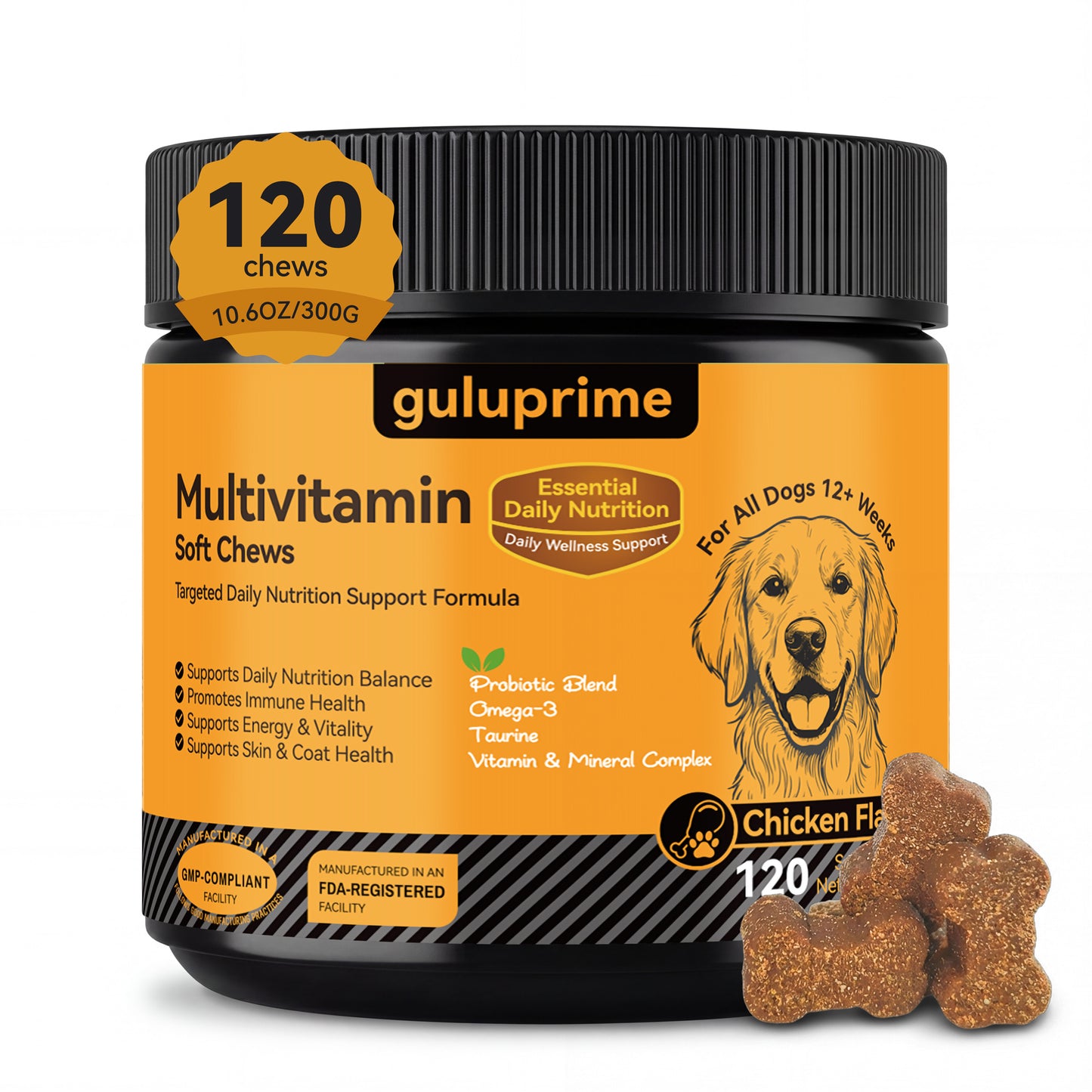 Guluprime Multivitamin Soft Chews for dogs with a jar and treats on a white background