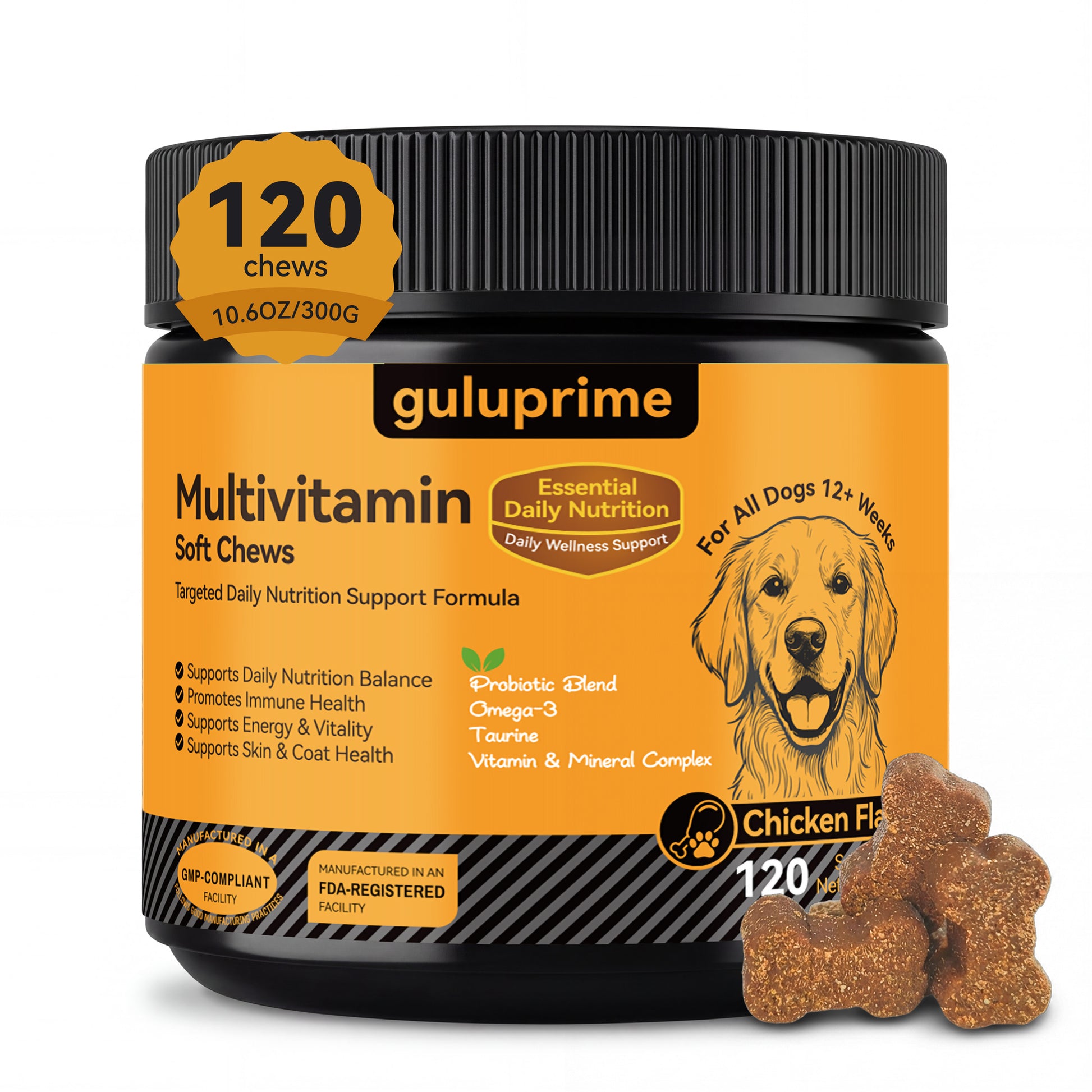Guluprime Multivitamin Soft Chews for dogs with a jar and treats on a white background