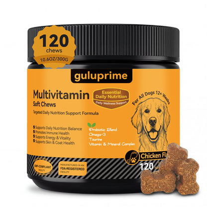 Guluprime Multivitamin Soft Chews for dogs with a jar and treats on a white background